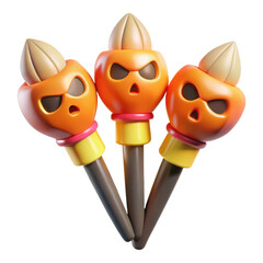 3D three cute cartoon jack-o-lantern torches with spooky faces and pumpkin stems isolated on transparent background