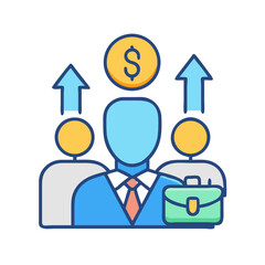 Team financial growth representation with dollar coin and arrows