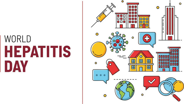 World hepatitis day illustration featuring buildings and medical icons set up - Powered by Adobe