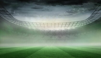 Empty stadium is being shown in flat style, striped field, curved roof, floodlights, misty sky
