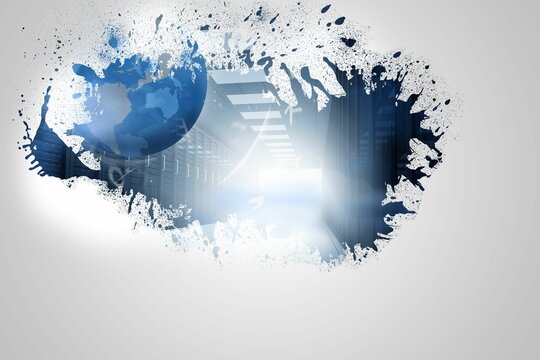 Fototapeta Splash on wall revealing earth in server hall