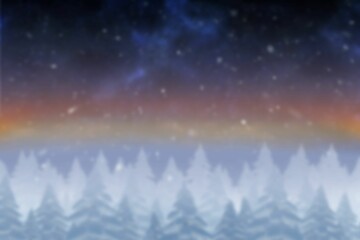 Evergreens are standing beneath starry sky with falling snow and aurora glow, flat vector design