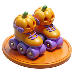 3D halloween pumpkin roller skates with purple wheels and orange base isolated on transparent background
