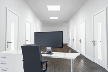Office desk with monitor and chair is sitting in flat design minimalist corridor, copy space