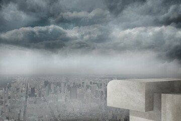 Concrete observation ledge is revealing misty city skyline under storm clouds in flat design