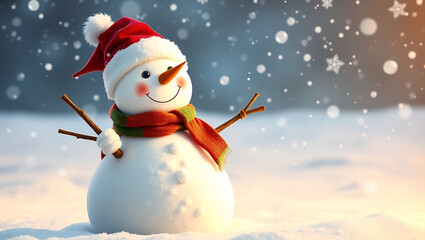 Happy snowman wearing a santa hat and green scarf holding a broom