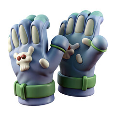 3D cartoonish blue ski gloves with a playful skull design and green accents isolated on transparent background