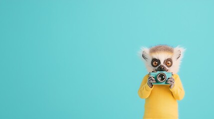 Fototapeta premium Cute Lemur Holding Camera, Photography Concept