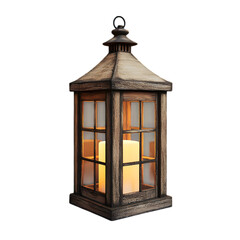 Rustic wooden lantern with glowing candle inside isolated on transparent background