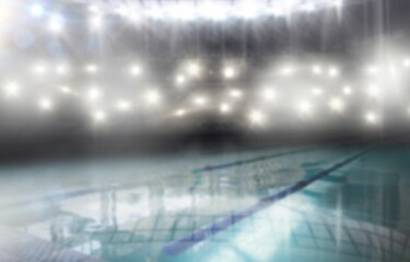 Flat vector illustration is featuring swimming pool lane with blue-white rope under bright lights
