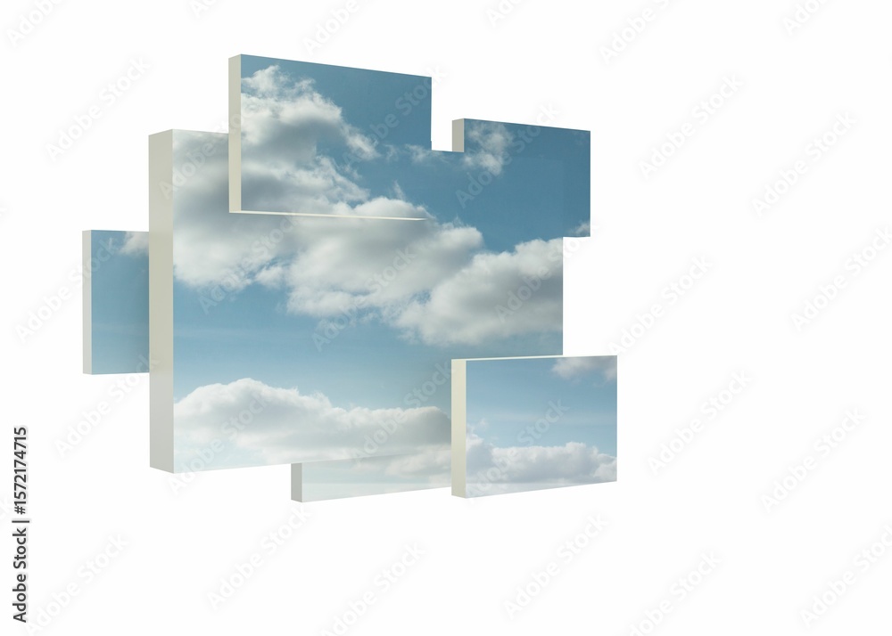 Poster 3d render showing floating panels creating fragmented sky effect on white backdrop, copy space