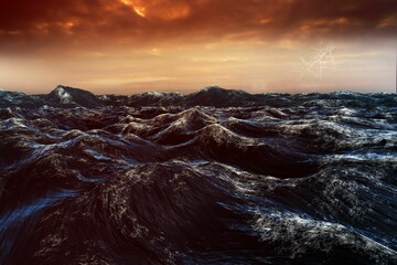Flat design is showing rough ocean waves rising under fiery storm clouds with lightning