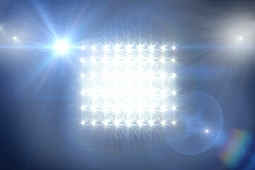 Rectangular LED floodlight panel is shining in flat stage illustration, creating bluish lens flares