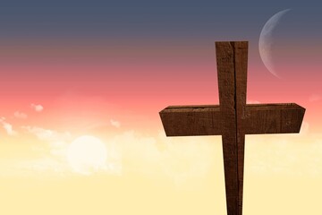 Wooden cross is standing in flat design gradient horizon sky, with bright sun and faint moon