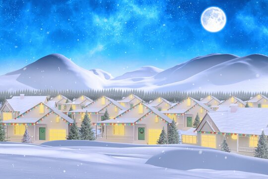Fototapeta Snowy suburban homes are glowing with festive string lights in flat design winter nightscape