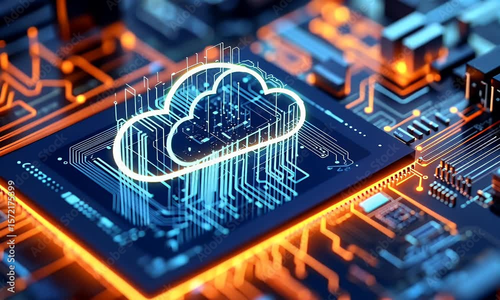 Poster a cloud icon is displayed on the chip, with an abstract building in blue and orange tones. the backg