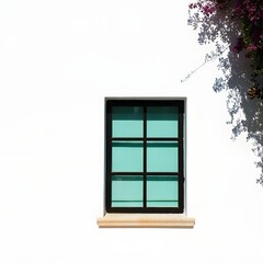 An elegant window with a touch of nature. A minimalist scene, highlighting the simple beauty of architecture. The window's panes reflect a refreshing aqua hue