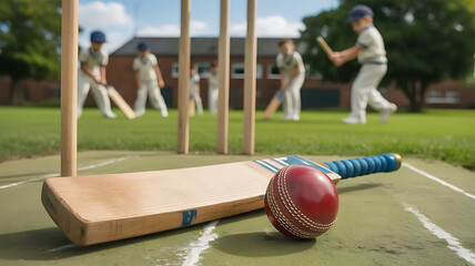 A Summer Game of Cricket Children Learning the Sport with Bat Ball and Wickets on Green Grass