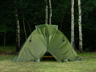 One tent in the forest on the grass.