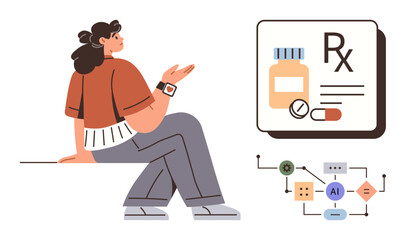 Woman gesturing near prescription elements with pills, AI diagram highlighting healthcare innovation. Ideal for medicine, technology, AI, discussion, healthcare progress, telemedicine, patient care