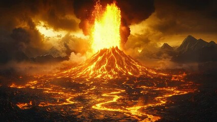 Fiery volcanic eruption with lava flows and dark, stormy sky - Powered by Adobe