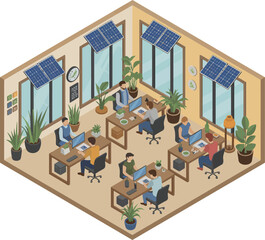 Modern office space with employees working at desks and solar panels on the windows. Vector Image, AI Generated