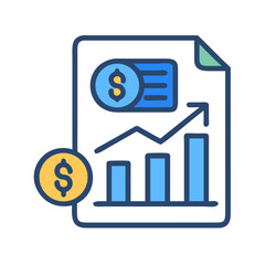 Financial report with increasing bar chart and dollar coins