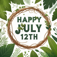 Botanical-themed design celebrating Happy July 12th with lush green foliage