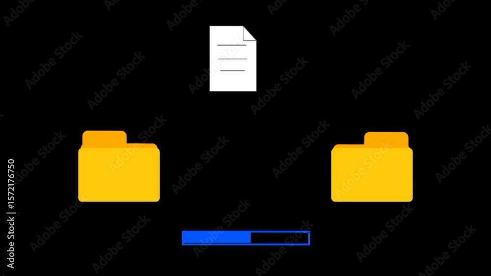 Poster copying files, duplicating files, moving files, copying documents from one folder to another. Flying document animation between folders.