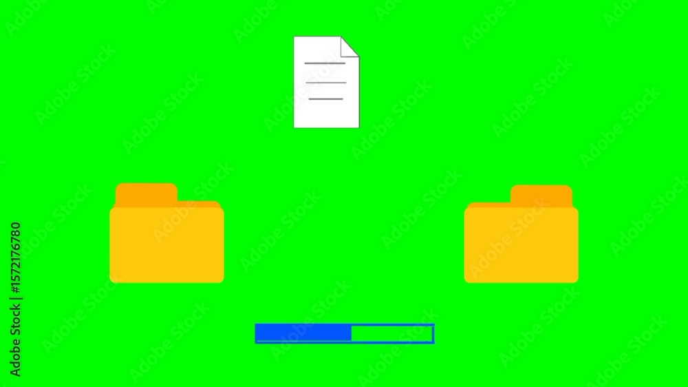 Poster copying files, duplicating files, moving files, copying documents from one folder to another. Flying document animation between folders.
