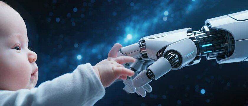 Baby reaching out to a robot hand against a cosmic background A futuristic connection of childhood and artificial intelligence.