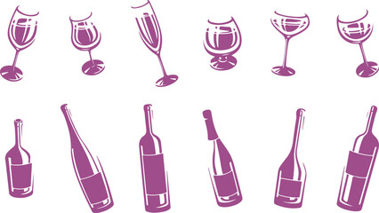 Wine Bottle and Glass Vector Set &ndash; Alcohol, Beverage, Drink, Bar, Winery, Celebration, Red Wine, Graphic, Party, Icon

