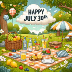 Charming picnic scene with drinks and fruits celebrating Happy July 30th in nature

