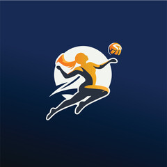 Vector logo of a person playing volleyball in a dynamic jumping pose, hitting the ball in mid-air. Designed in a clean, minimalist style with bold lines and modern flat design. 