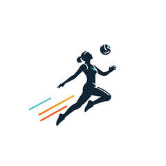 Vector logo of a person playing volleyball in a dynamic jumping pose, hitting the ball in mid-air. Designed in a clean, minimalist style with bold lines and modern flat design. 