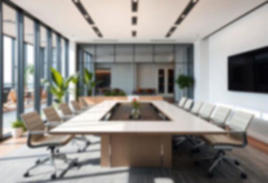 blurry office, interior of a modern office with a large meeting table, green theme, small plants in the corners of the room, office wallpaper.