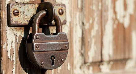 A rusty padlock secures a weathered wooden door, its paint peeling with age.