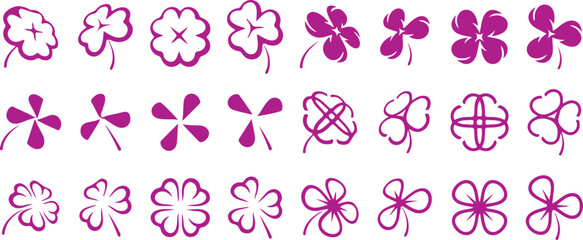 Pink Four Leaf Clover and Floral Icon Set — clover, flower, pink, leaf, lucky, four, floral, vector, charm, icon