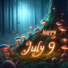 Enchanted forest scene with glowing mushrooms celebrating Happy July 9th

