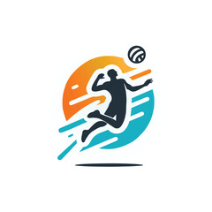 Vector logo of a person playing volleyball in a dynamic jumping pose, hitting the ball in mid-air. Designed in a clean, minimalist style with bold lines and modern flat design. 