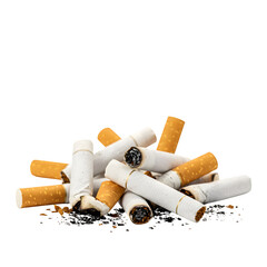 Cigarette butts and ash pile representing smoking waste and health risks isolated on white or transparent background. PNG format.