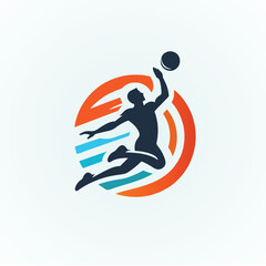 Vector logo of a person playing volleyball in a dynamic jumping pose, hitting the ball in mid-air. Designed in a clean, minimalist style with bold lines and modern flat design. 