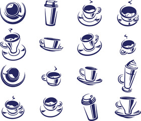 Blue Coffee Cup and Tea Mug Icon Set — coffee, tea, cup, mug, blue, drink, cafe, hot, beverage, vector