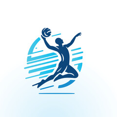 Vector logo of a person playing volleyball in a dynamic jumping pose, hitting the ball in mid-air. Designed in a clean, minimalist style with bold lines and modern flat design. 