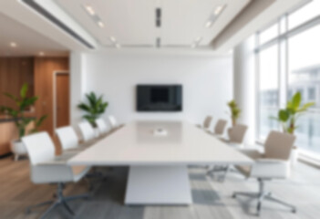 blurry office, interior of a modern office with a large meeting table, green theme, small plants in the corners of the room, office wallpaper.