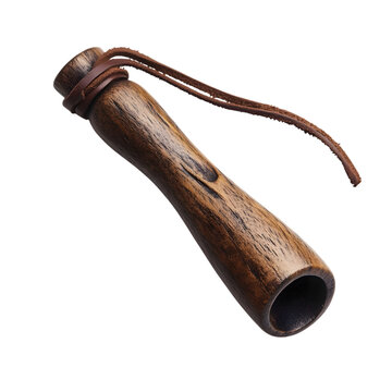 Rustic wooden duck call with leather lanyard isolated on transparent background