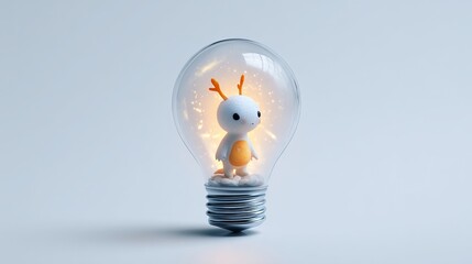 A whimsical creature inside a light bulb, radiating soft light and magic.