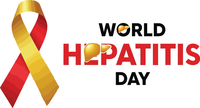 World hepatitis day banner with red and yellow ribbon on a white background