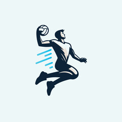 Vector logo of a person playing volleyball in a dynamic jumping pose, hitting the ball in mid-air. Designed in a clean, minimalist style with bold lines and modern flat design. 