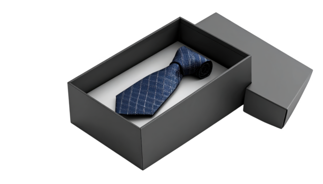 Navy blue tie in gray gift box isolated on transparent background